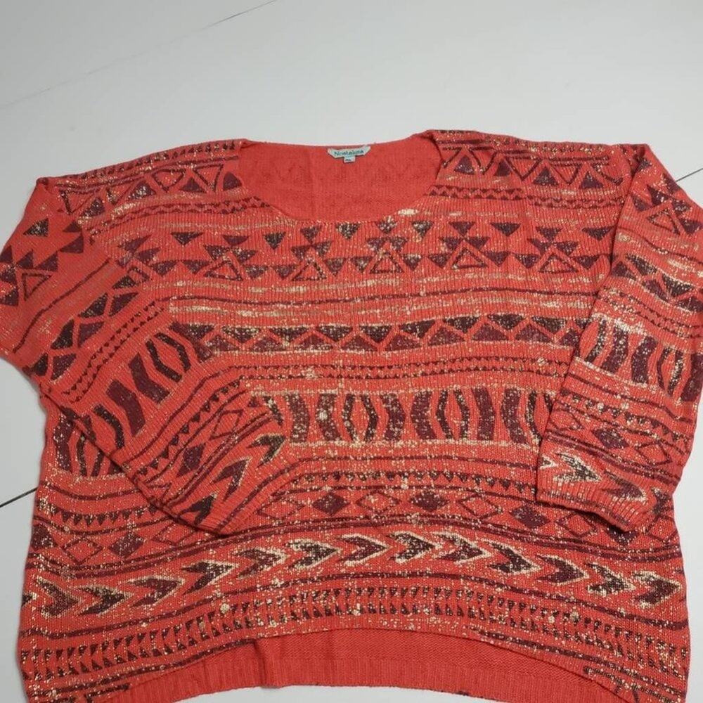 Nostalgia Womens Pullover Sweater Orange Aztec Long Sleeve Crew Neck‎ Acrylic XL